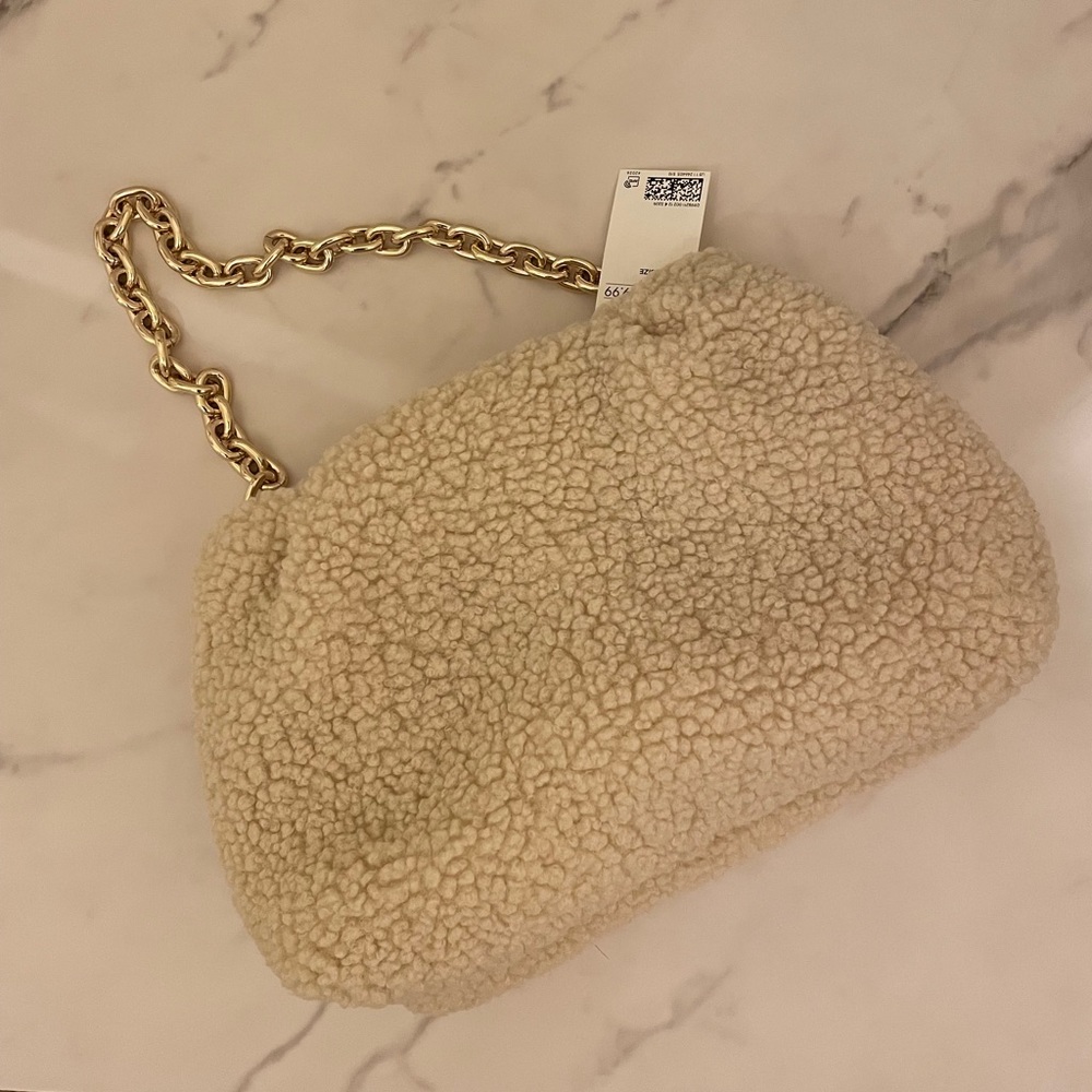 H&M Cream Teddy Purse Gold Link Strap